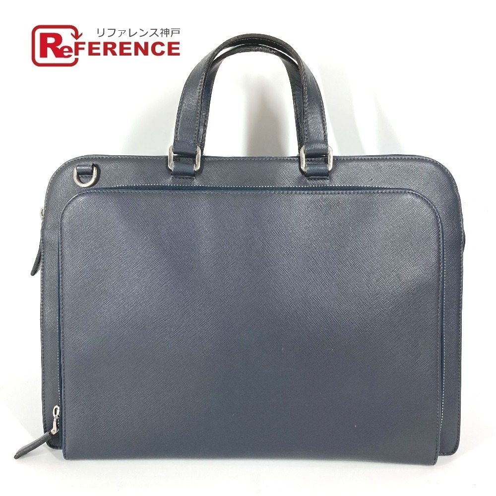Prada Triangle Logo Plat Handbag Business Bag Saffiano Leather Navy Blue